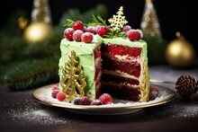 A Festive Christmas-themed Cake With Layers Of Red Velvet And Green Matcha