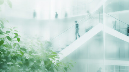 Wall Mural - light blurred green background eco business center, office building inside interior, silhouettes of people blurred in motion