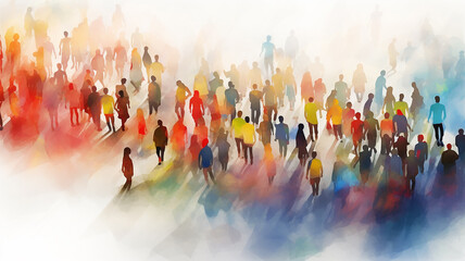 multicolored crowd top view, multicultural silhouettes of people spectrum rainbow watercolor style, light poster society, world