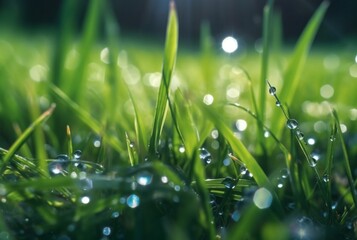 dew drops on green grass with blurred sunlight background. generative ai