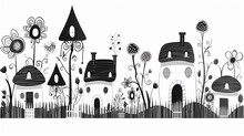 Doodle Black And White Illustration Outline Of Small Houses For Children's Coloring, Empty Silhouettes Of Fictional Abstract Fairy-tale Small Houses