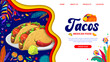 Paper cut landing page with Mexican tacos, Tex Mex food website template, vector background. Mexican cuisine fast food restaurant or store and shop landing page with buttons, chili peppers and maracas