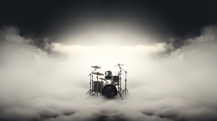 Wall Mural - drum kit in stage smoke on a white background, generated invented background music, sound cloud