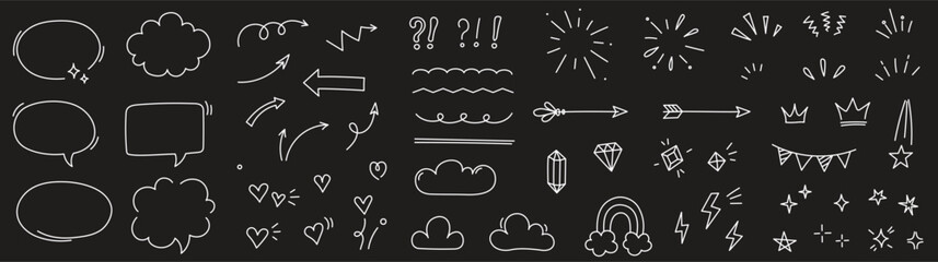 Aufkleber - Sketch line arrow element, star, heart shape on chalkboard background. Hand drawn doodle sketch style circle, cloud speech bubble grunge element. Arrow, star, heart decoration. Vector illustration