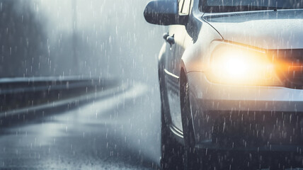 Wall Mural - rain autumn headlights car highway fog, background with a copy of the space, oncoming car with fog lights in motion