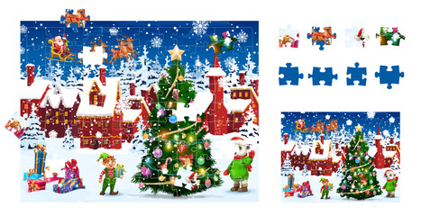 Sticker - Jigsaw puzzle game pieces of Christmas landscape and snowy town, vector worksheet. Kids jigsaw puzzle to match and fit correct suitable pieces of picture with Christmas tree, elf and Santa with gifts