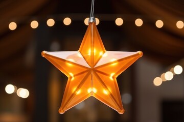 Wall Mural - Decoration of golden star on abstract dark blurred background. Five-pointed star shining in and evokes festive mood. Merry Christmas and Happy New Year card or banner template with copy space