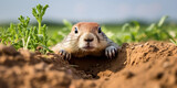 Fototapeta  - curious prairie dog peeks out from its burrow, set against the backdrop of a vibrant green prairie