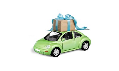 Wall Mural - Retro toy car with gift box with bow