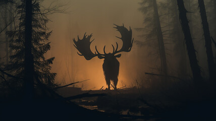 Wall Mural - silhouette of a moose with big horns in autumn fog, wildlife landscape