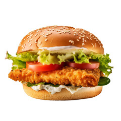 Wall Mural - Closeup of a delicious fried chicken burger on a white transparent background