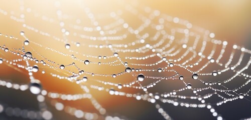 A close-up of dewdrops on a spider web with a soft bokeh background.