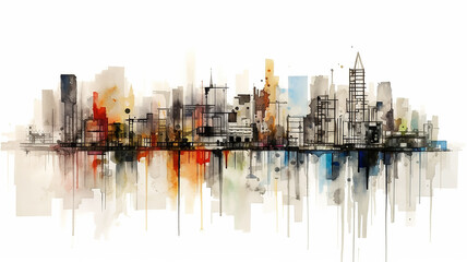 multicolored watercolor flat drawing of a city line in the style of ink spots on a white background.