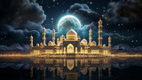 Fototapeta  - The Arabian night fairy tale, the landscape in the moonlight the fabulous sultan's palace glows with gold.
