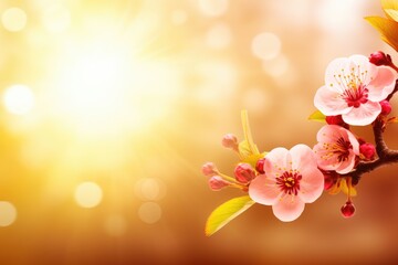 Wall Mural - Cherry blossom in spring. Beautiful nature scene with blooming tree and sun flare. Spring flowers on blurred pink background with bokeh lights. Backdrop for card or banner with copy space