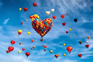 A heart-shaped cluster of  air balloons ascending into a clear blue sky.