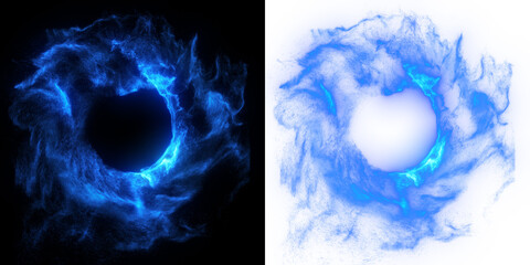Glowing electric blue ring light magic effect. plasma glow surrounds the abstract ring, isolated on transparent or black background. 3D render