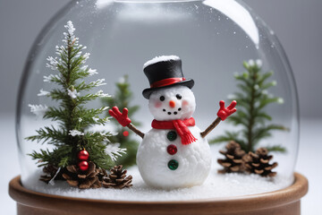 Christmas terrarium with cute snowman and pine trees in winter. Winter christmas celebration decorations elements