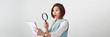 Banner of business woman in a suit with magnifying glass and document isolated on grey background.