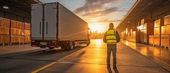 An employee of a warehouse is loading shipment boxes into a cargo container truck. Dock warehouse with a parked cargo trailer truck loading cargo. Transport Provider.