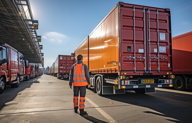 Wall Mural - An employee of a warehouse is loading shipment boxes into a cargo container truck. Dock warehouse with a parked cargo trailer truck loading cargo. Transport Provider.