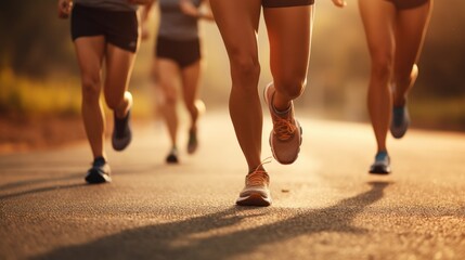 Group of young people in sportswear are running in the road.