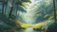 Beautiful Jungle Forest With Trees And River. Cartoon Or Japanese Anime Illustration Painting Style. Seamless Looping 4K Virtual Video Animation Background