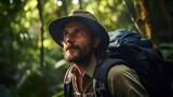 Fototapeta  - A male explorer in the rainforest among exotic flora and fauna