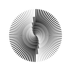 Poster - Radial abstract pattern. Black and white ray and beam lines shape. Circle spiral form. Sunburst design element for icon, badge, logo, tattoo, tag, label, emblem. Vector illustration 