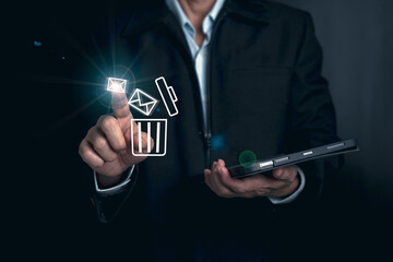 Businessman hand touching on email icon. Deleting email from the system, electronic messages or personal data in computer systems. concept of technology and document management from laptop or tablet.