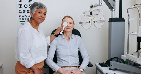 Poster - Eye test, consultation and optometrist cover woman, client or patient vision for eyesight, ocular exam or assessment analysis. Optometry, help service or oculist pointing at ophthalmology examination