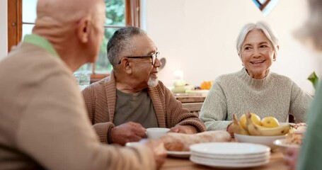 Canvas Print - Food, tea party and happy with elderly friends chatting in a retirement home together for bonding in the morning. Smile, drink and a group of seniors in living room of an apartment for conversation