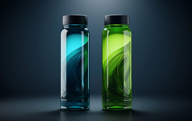 Isotonic energy drink. Two bottles of sport drink with blue and green transperent liquid lon the grey background