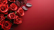 Red Roses Flower On Red Background. Empty Space For Text, Top View