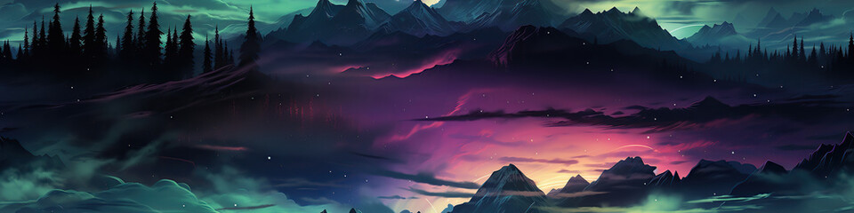 Wall Mural - panorama landscape with multicolored northern lights at night in a colorful sky with stars with a se