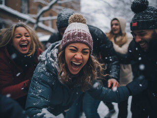 Wall Mural - A Photo Of A Group Of Friends Wearing Warm Winter Clothes Laughing And Playing Snowball Fight During A Winter Holiday Celebration