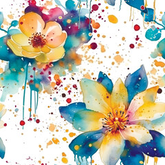 Watercolor beautiful colorful painting flowers seamless pattern with splashes, spots. Dirty watercolor vector background. Hand drawn paint blossom flowers, leaves. Modern textured artistic ornaments