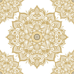 Wall Mural - Chinese traditional floral golden seamless mandala pattern with line art drawing flowers. Vector ornamental ethnic background. Decorative isolated ornaments. Chinese new year. Ornate endless texture