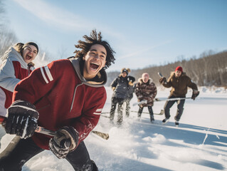 Wall Mural - A Photo Of A Group Of Hispanic Teenagers Engaging In A Spirited Game Of Hockey On A Frozen Pond During Winter Holidays