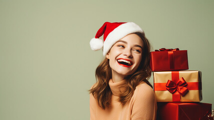 Wall Mural - Young woman in a Santa hat with Christmas presents