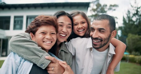 Sticker - Happy family, hug and new home on lawn in real estate, property or investment together outdoor. Portrait of mother, father and children smile in garden for moving in, relocation or apartment outside