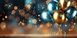 © Asman - Realistic Festive background with golden and blue balloons falling confetti blurry background and a bokeh lights