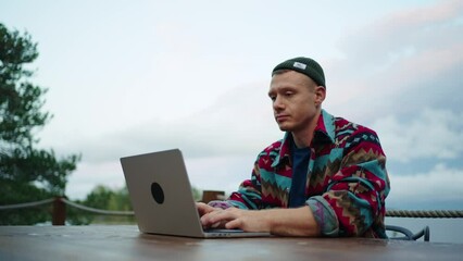 Web Developer Working Online, Portrait Of Man With Laptop On Terrace With Beautiful Landscape