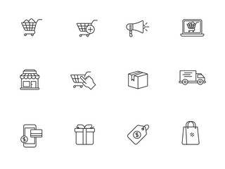 Canvas Print - Set of e-commerce icons in linear style on a white background. Online shopping signs collection