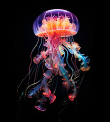 glowing jellyfish swim deep in blue sea, neon jellyfish fantasy on black background