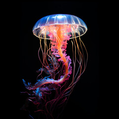 glowing jellyfish swim deep in blue sea, neon jellyfish fantasy on black background