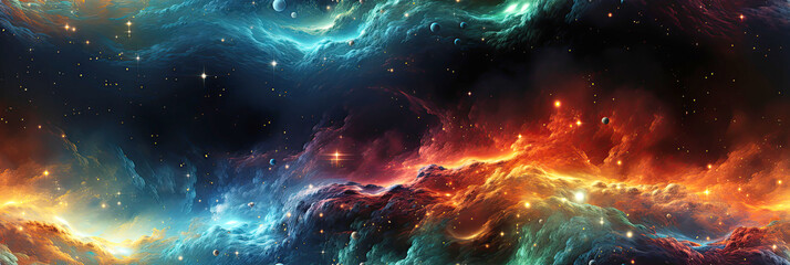Wall Mural - seamless pattern with outer space with stars, universes and galaxies on dark multicolored background