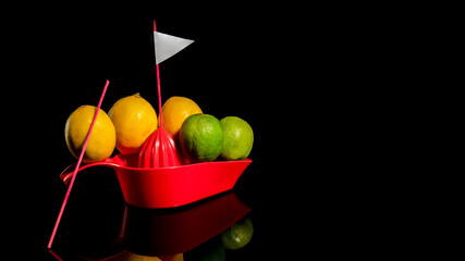 Wall Mural - Composition with lemons and limes floating on a boat