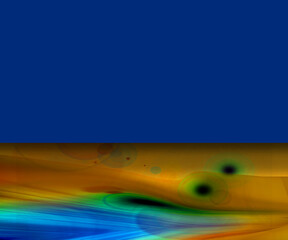 Abstract image with orange and green geometric and intricate pattern on a blue background