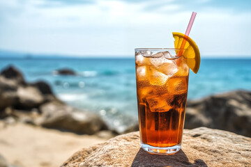 Wall Mural - Picture of a soft drink in a glass With ice and lemon that looks